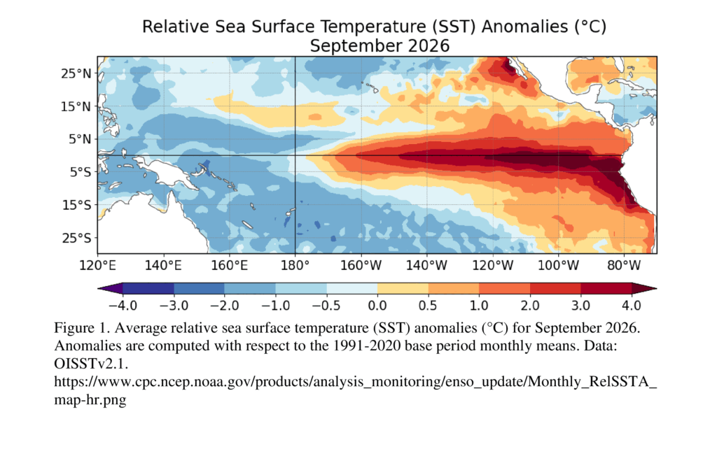 Mapa de anomalías de temperatura superficial del mar en el Pacífico, publicado por NOAA/CPC en septiembre de 2026
