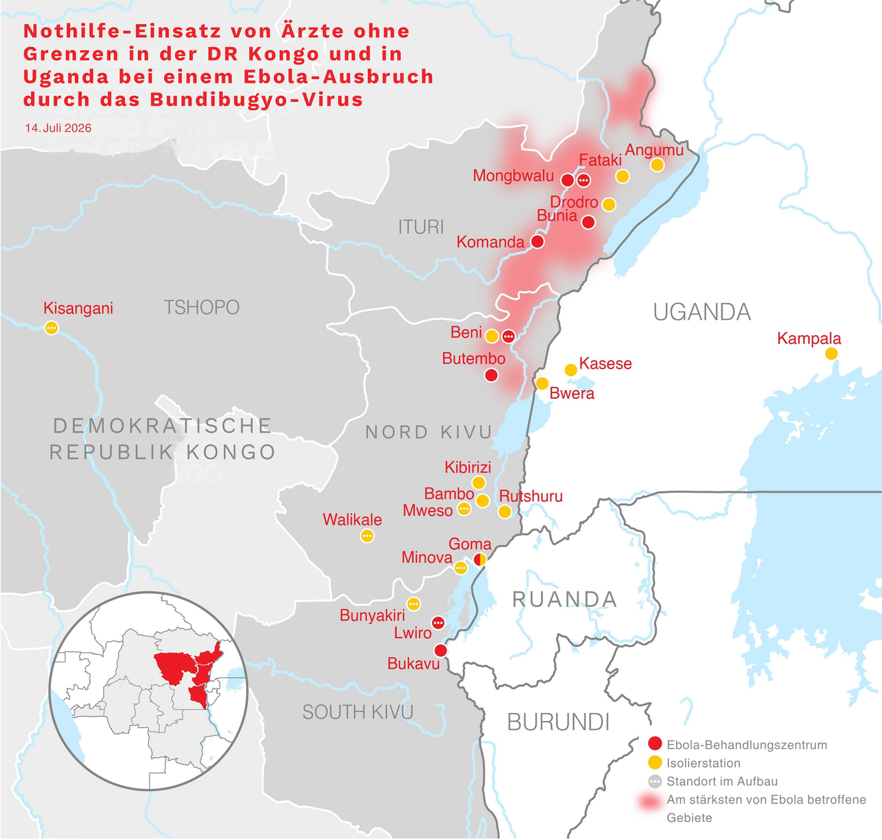 Mapa de la respuesta de MSF al brote de Bundibugyo en el este de la República Democrática del Congo y Uganda, julio de 2026